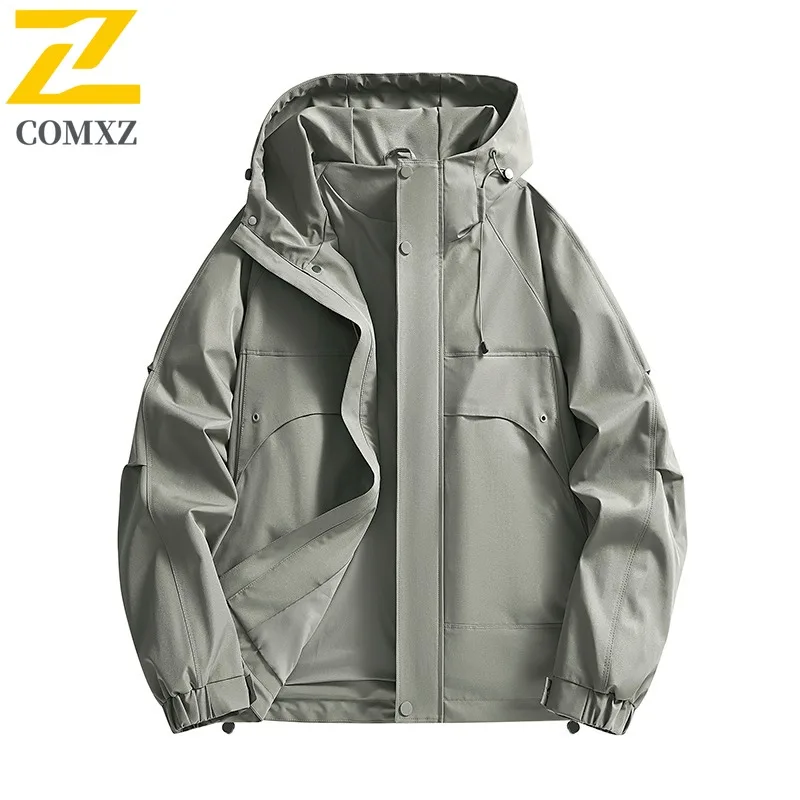 

COMXZ Mens Jacket Classic Hooded Outdoor Camping Windproof Fishing Clothing Premium Solid Color Multi-Functional Autumn Wear