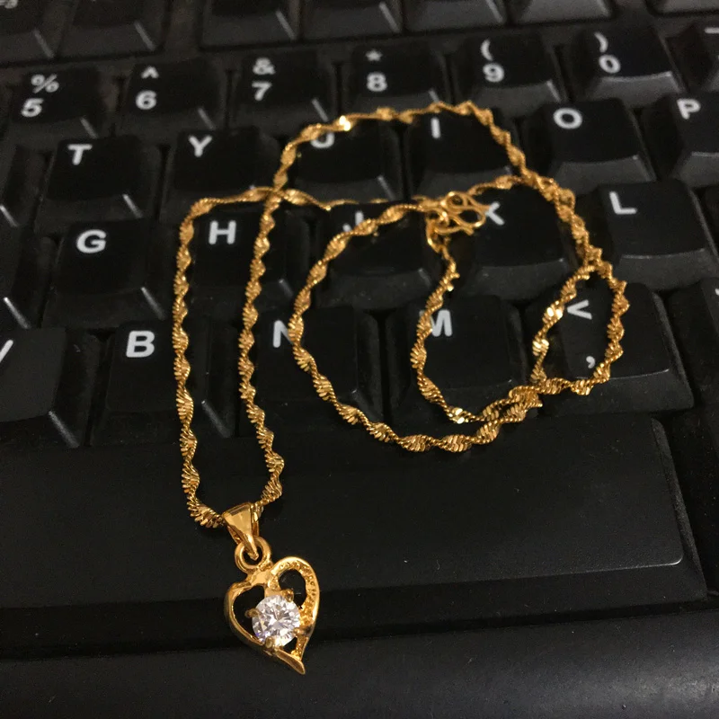Genuine 24k Gold Necklace Zircon Heart Pendant Water Ripple Chain  Electroplating Gold Jewelry Wedding Gifts for Women image 5