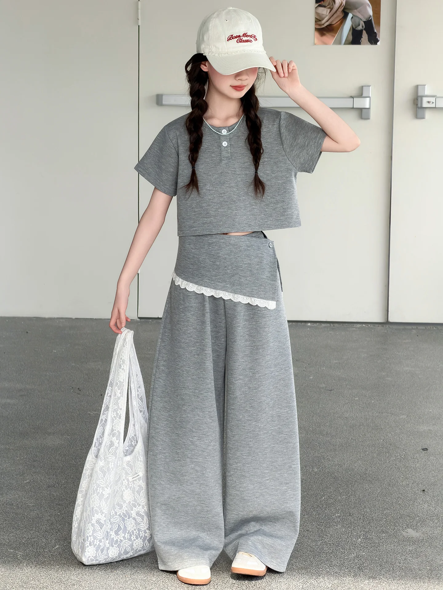 girls-summer-sporty-lace-wide-leg-pants-short-sleeve-two-piece-set-korean-style-children's-clothing-easy-to-wear-and-wash