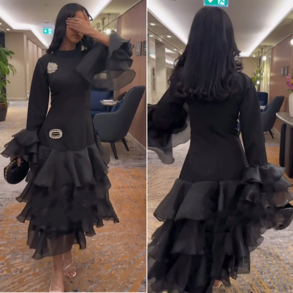 Customized High Quality Exquisite Jersey Tiered Beading Engagement A-line High Collar Bespoke Occasion Gown Midi Dresses