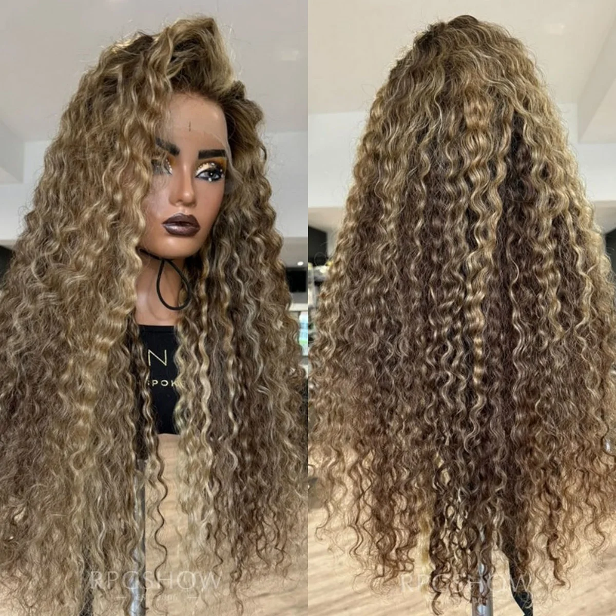 13x4 Long Sexy Bouncy Lace Front Wig Premium High Heat Fiber Kinky Curly Caramel Brown Wig Ash Dark Root Balayage Synthetic Wig