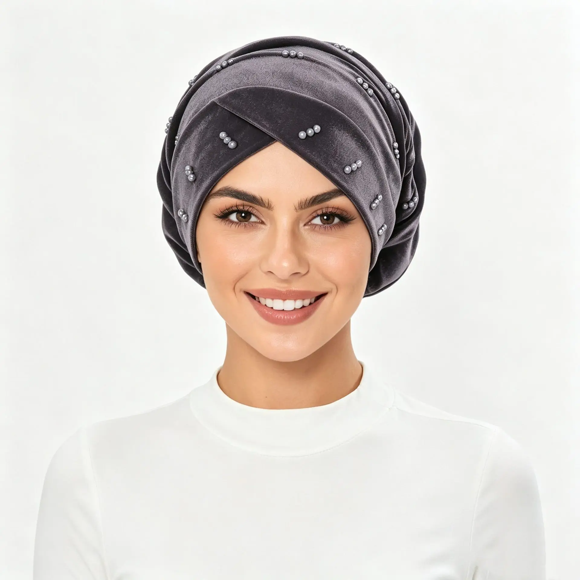 Muslim Women Velvet Turban Hat Cross Front Beaded Head Wrap Headscarf Elastic Pleated Head Cover Bonnet Party Turbante Mujer