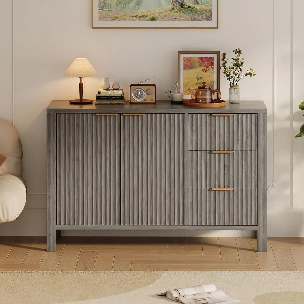 

3 Drawer Storage Sideboard, 46 Accent Sideboard with Adjustable Shelf, Suitable for Bar, Dining, Living, and Hallway, Grey
