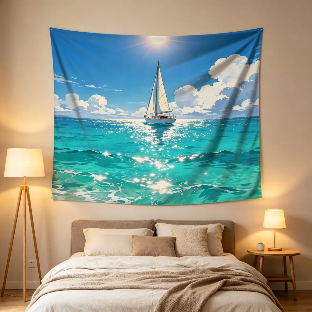 1PC Sailboat Ocean View Print Backdrop Banner, Bedroom Photo Background, Polyester Wall Hanging, Home Decor, Wall Art