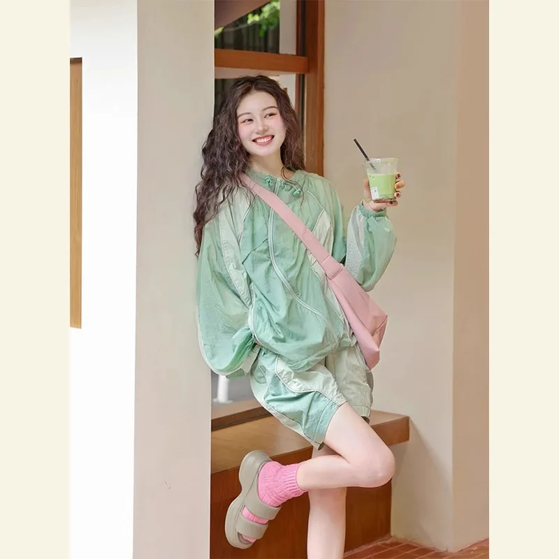 Small Cute Youth-Looking Casual Sports Women's Summer Green Sun Protection Top Shorts Two-Piece Suit Fashion