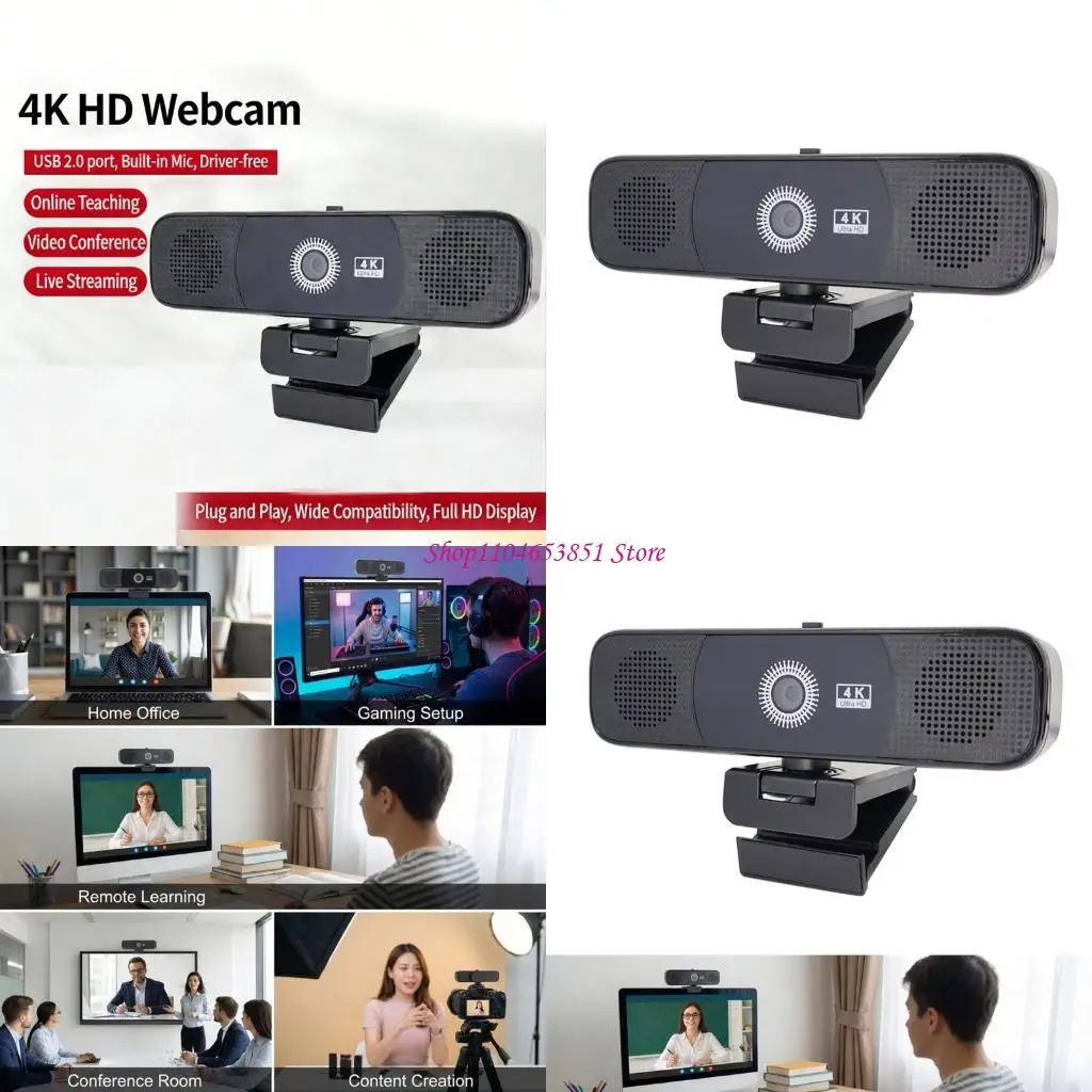 

Easy Setups USB Webcam Offering 4K Video Double Noise Canceling Microphones And Speaker For Home Office Computer Camera