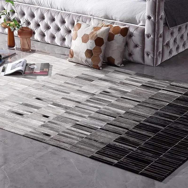 

Black Natural Cowhide Living Room Carpet Light Luxury Real Cow Leather Handmade Customize Area Rug for Home Decor Bedroom Mat