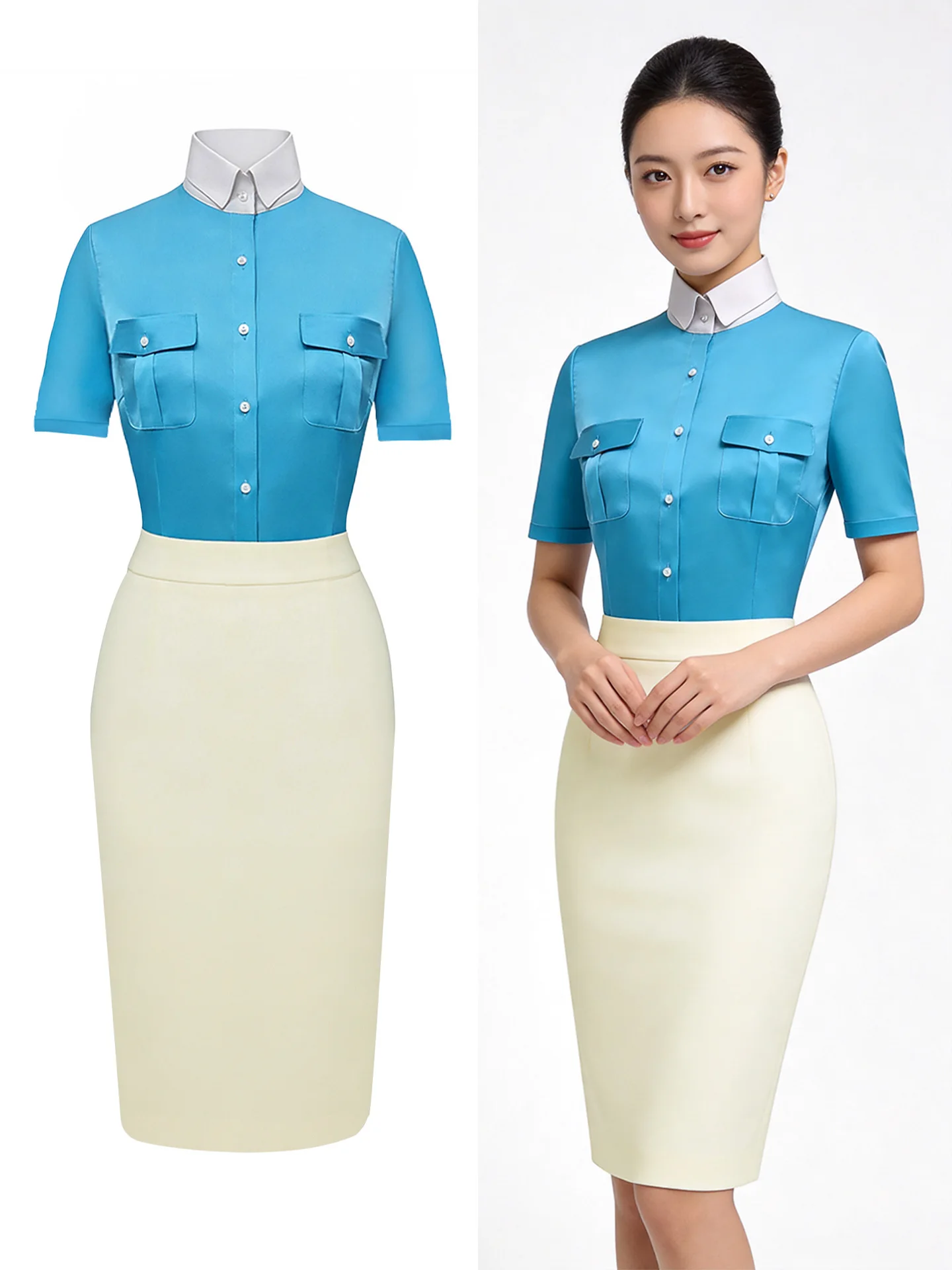 

Women's Short Sleeve Satin Shirt And Skirt Set Uniform Flight Attendant Workwear Front Desk Cashier Stationary Outfit Korean ...