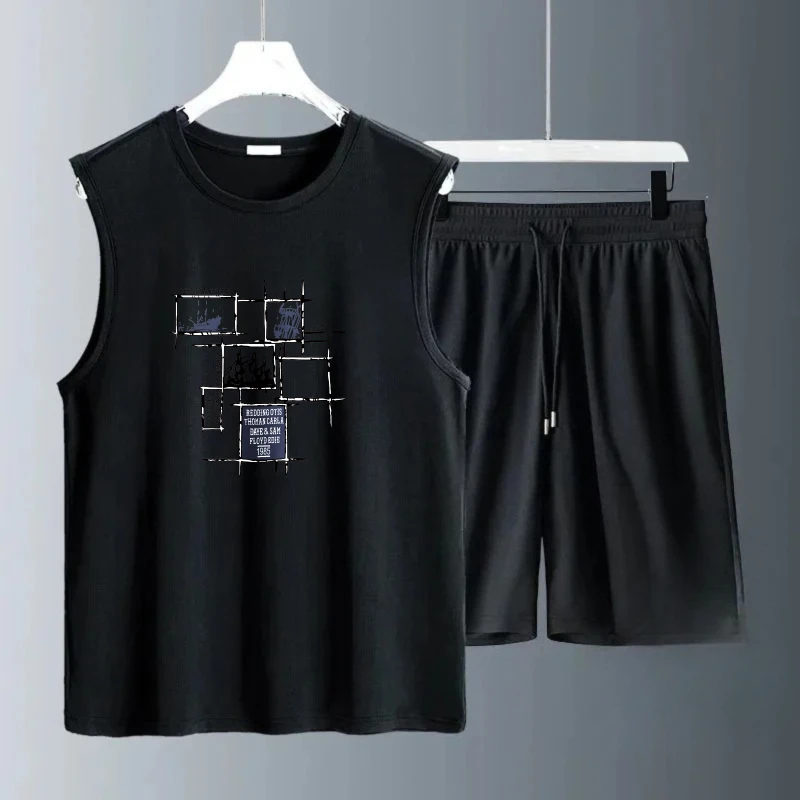 Men's Tank Top Sets 2026 Summer Quick drying running sports oversize men's chandals sets for men seaside beach crewneck