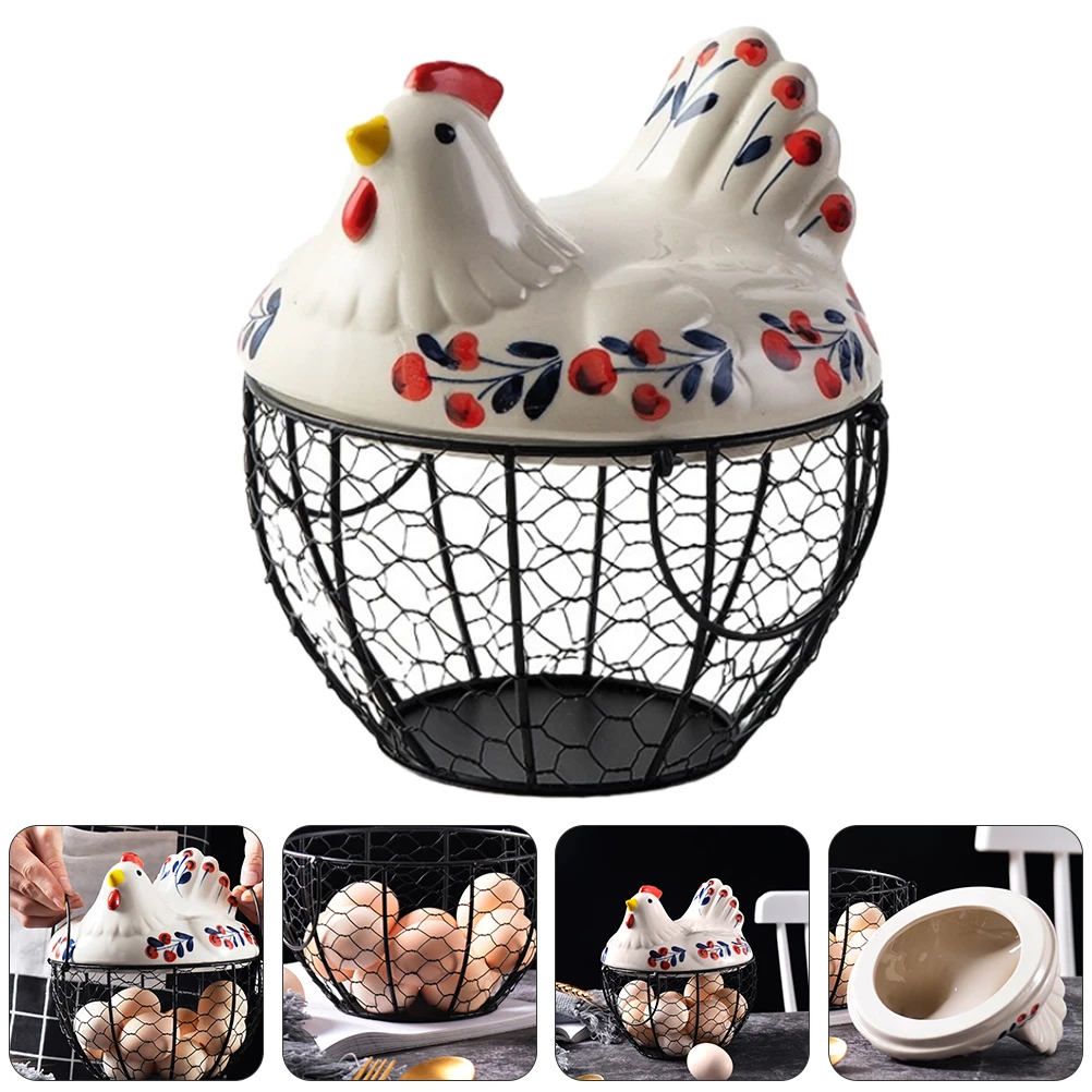 

Chicken Shape Egg Basket Ceramic Iron Storage Fruits Vegetables Snacks Home Decor Multifunctional Gift Assorted Color