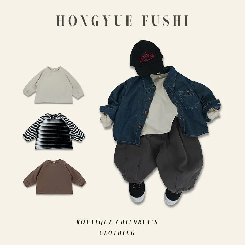 

Полосатая базовая рубашка, винтажная футболка с длинными рукавами и рукавами «летучая мышь», корейская свободная повседневная футболка для мальчиков и девочек, детская универсальная удобная