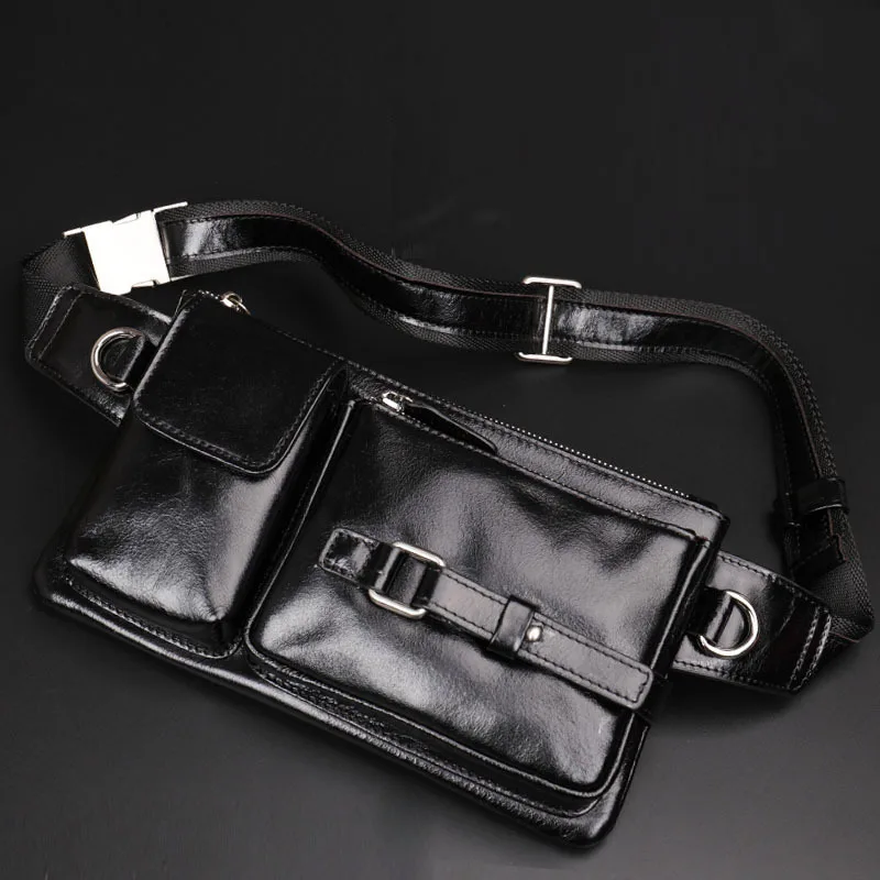 Men's Leather Waist Bag Multi-functional Oil Wax Cowhide Chest Bag with Phone Pocket