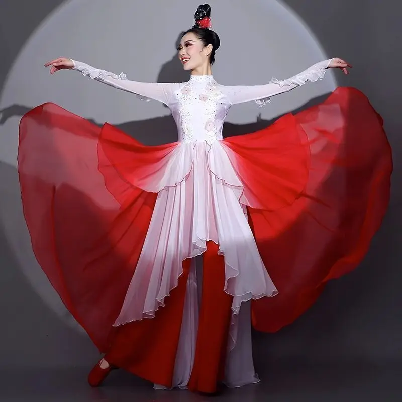 Costume da spettacolo di danza classica abito da ballo in stile cinese con esame artistico Han Tang Costume da ballo rosso Set abito da ballo rosso