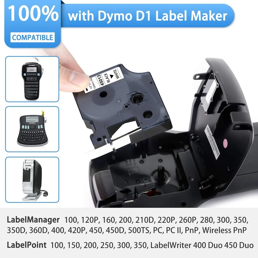 Compatible Dymo D1 Label Tape 12mm Black on White 45013 S0720530 for Dymo Label Maker Tape for DYMO Printer LabelManager 160 280