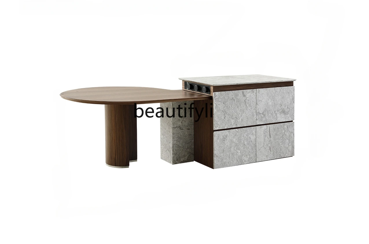 Modern Minimalist Kitchen Island Dining Table Tractable Advanced Guide Table plus Walnut Variable Round Table Kitchen Furniture