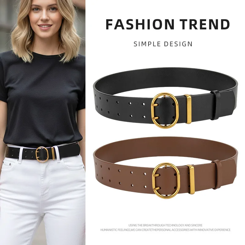 

Retro Fashion Wide Double Gold Buckle Women's Genuine Leather Belts,Paired with Jeans Dress Suit Pants Fashion Decorative Belt