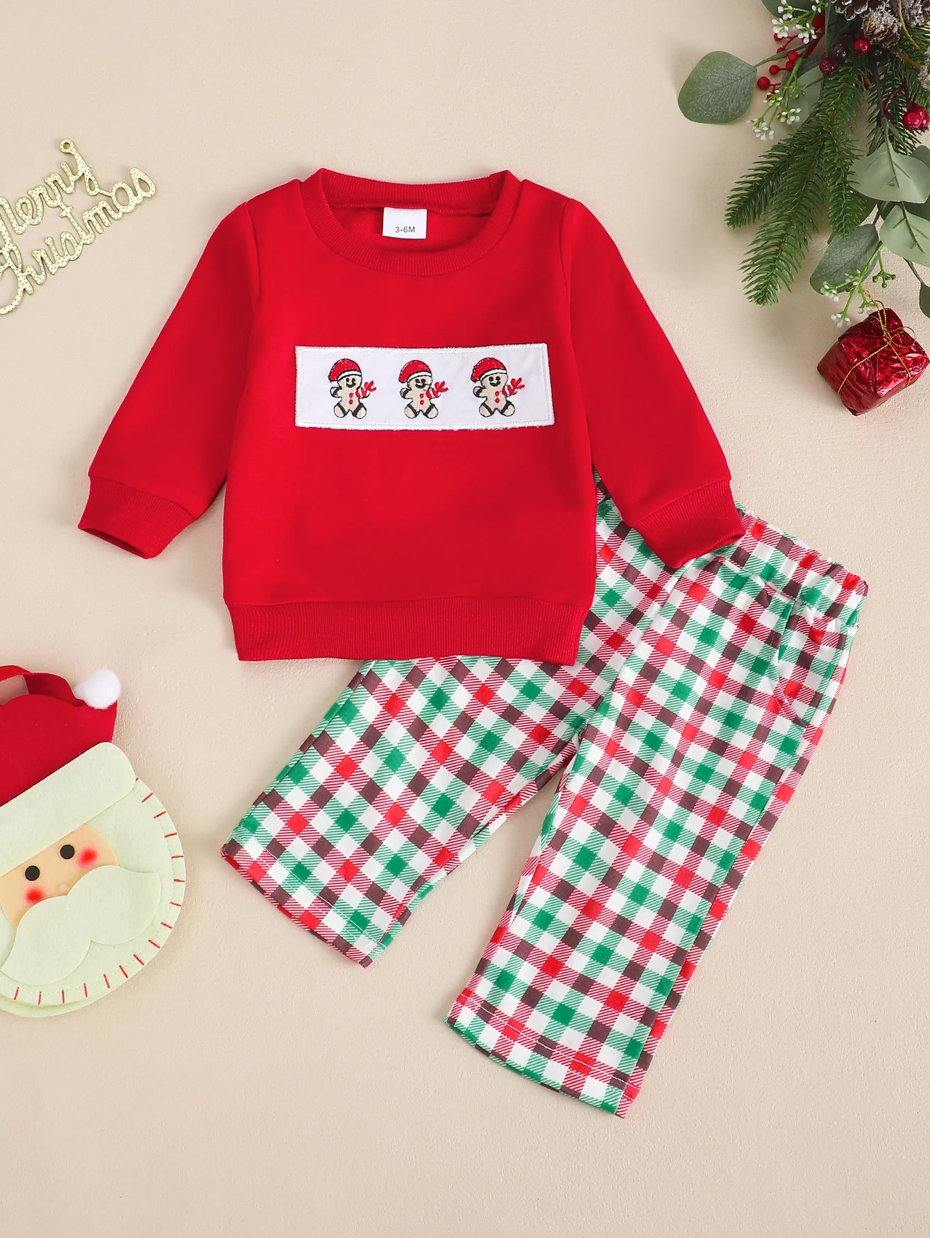 Infant Toddler Christmas Outfit Gingerbread Man Pattern Long Sleeve Long Pants Set for Boys & Girls