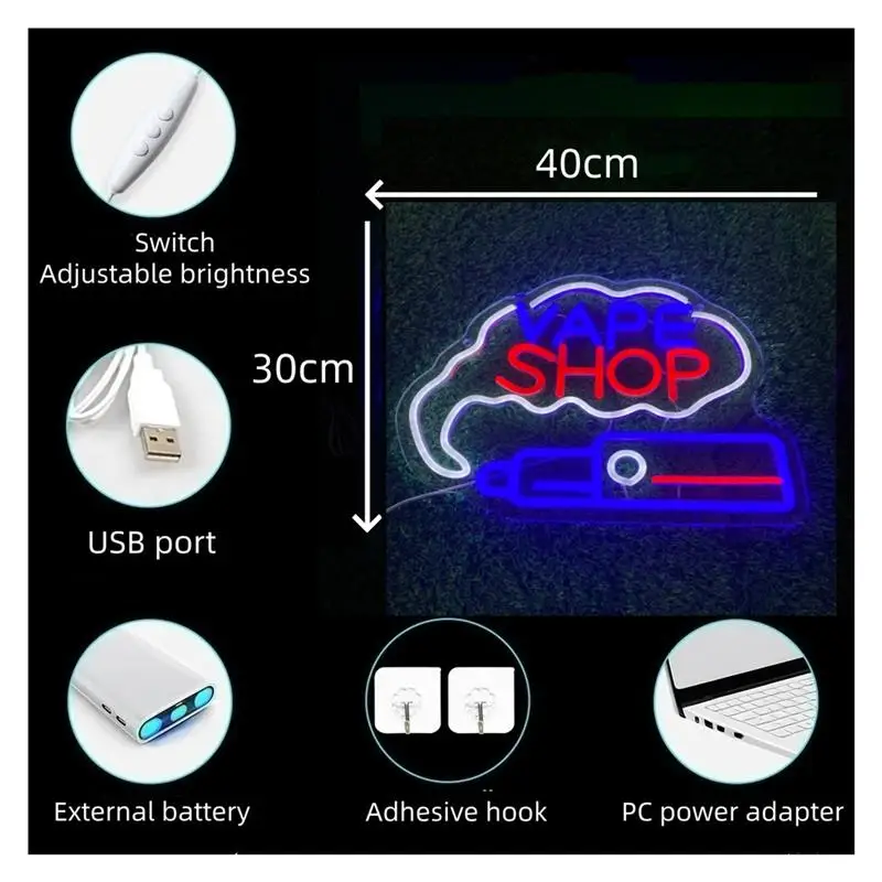 "Vape Shop Business" Neon Sign USB Dimmable LED Light Cigarette Shops Bars Pubs Billboard Grand Opening 40X30cm view 4