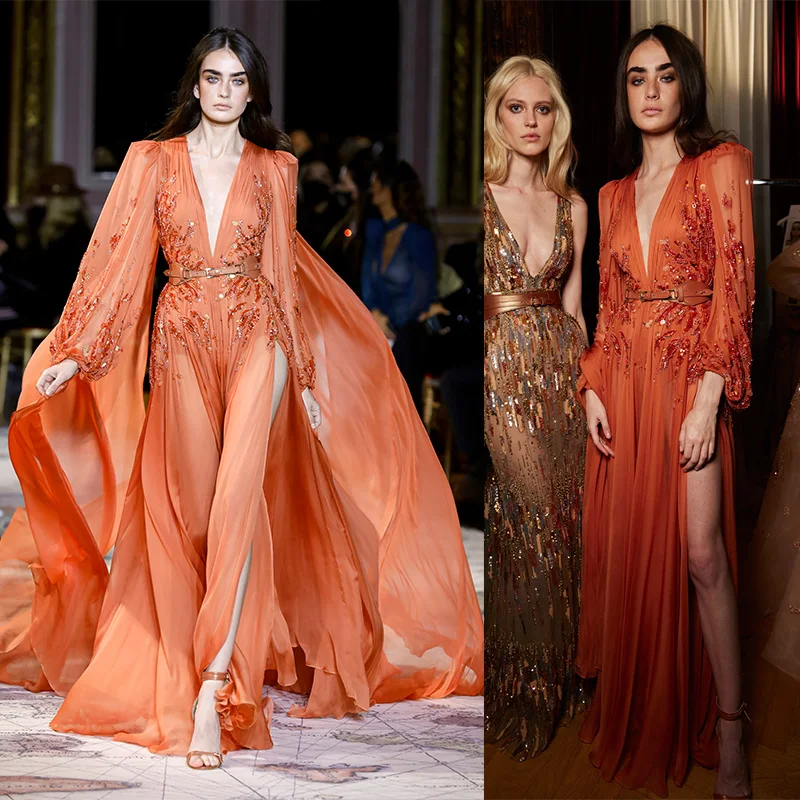 

Zuhair Murad Orange Шифон с длинными рукавами и бисером V-образным вырезом فساتين السهرة vestidos de fiesta فساتين سهره