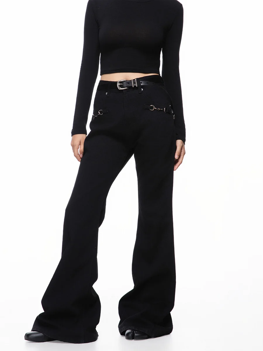 

American Style Cleanfit Slim Fit Bell Bottom Jeans Men Women Black High Street Vibe Lock Buckle Spring Fashion Casual Jeans