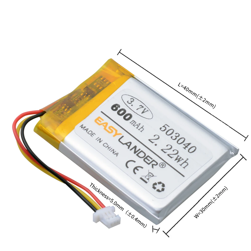 503040 3.7V 600mAh Lipo Rechargeable battery with JST 1.0mm 3 Pin Connector Lithium Polymer For Mp3 DVD Camera GPS Bluetooth