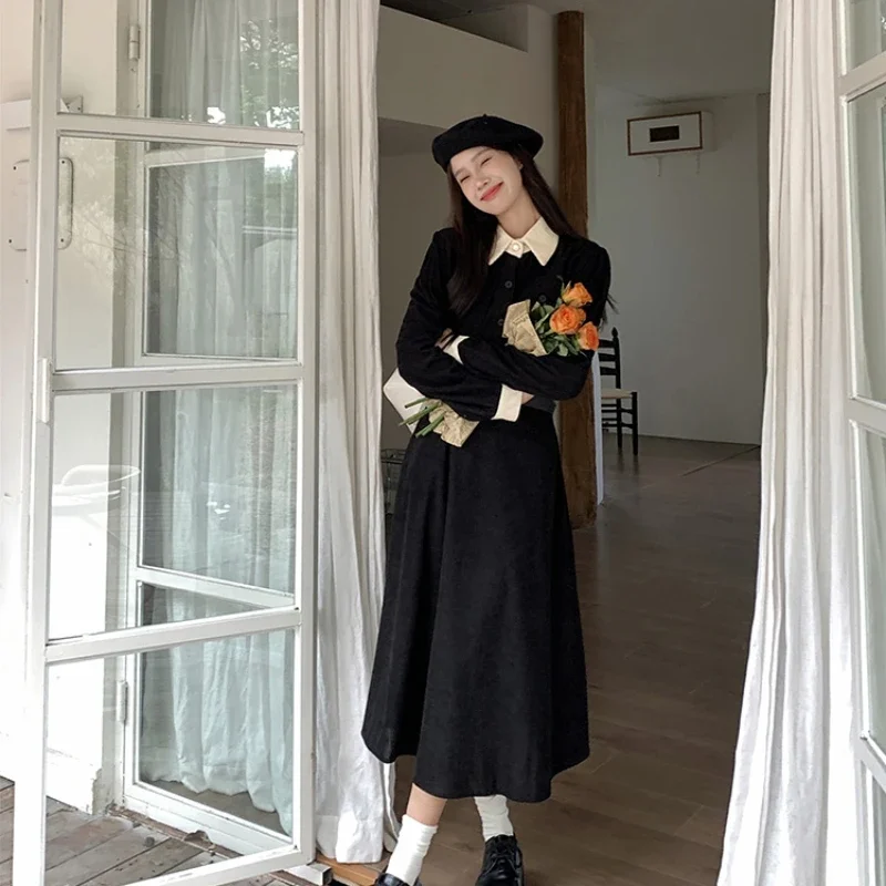 Corduroy Dress Women Streetwear Elegant Autumn Vintage Fake Two Pieces Pockets Temper Button-up Платье A-line All-match Ulzzang