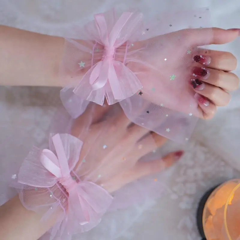 1쌍 네일아트 튤 사진 보우 글러브 가짜 주름 커프 매니큐어 사진 소품 네일 팁 디스플레이 슬리브 코스 액세서리