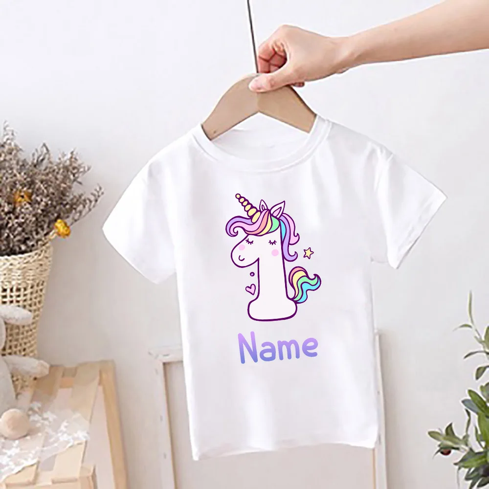 Personalised Unicorn Print Kids Birthday T-shirt Childs Custom Name Clothes Girls Shirt Birthday Party Outfits Cute T Shirt 1-9y