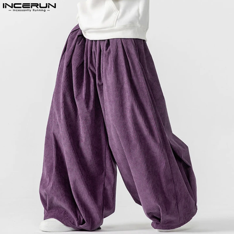 

INCERUN 2025 Korean Style Trousers Fashion New Men Corduroy Design Bloomers Casual Streetwear Solid All-match Wide Leg Pantalons