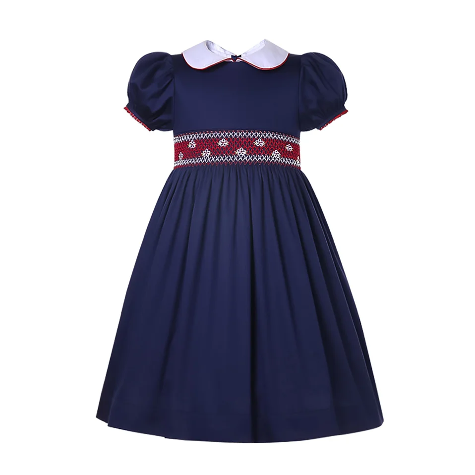 Pettigirl Girls Children Toddler Navy Embroidery Bubble Sleeve Summer Casual Smocked Dresses Clothing Size 2 3 4 5 6 8 10 12 Yrs