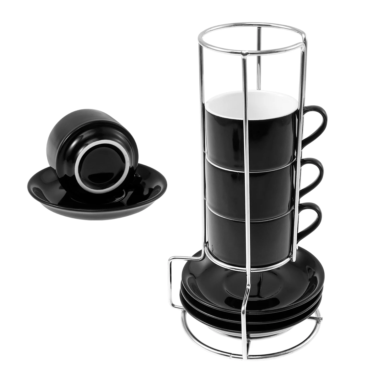 

4Pcs Ceramic Cappuccino Cup with Saucers and Metal Stand Stackable Espresso Cup for Espresso Specialty Coffee Drinks Latte