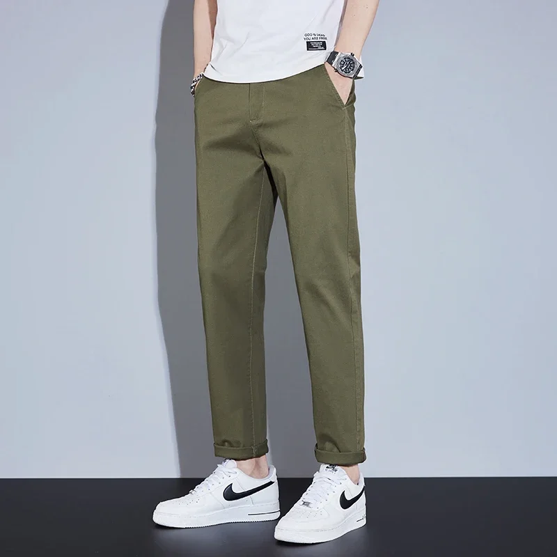 New Casual Men Stretch Cotton Straight Business Pants Male Orange Slim Fit Elastic Waist Trousers Green Khaki Korean Cargo Pants