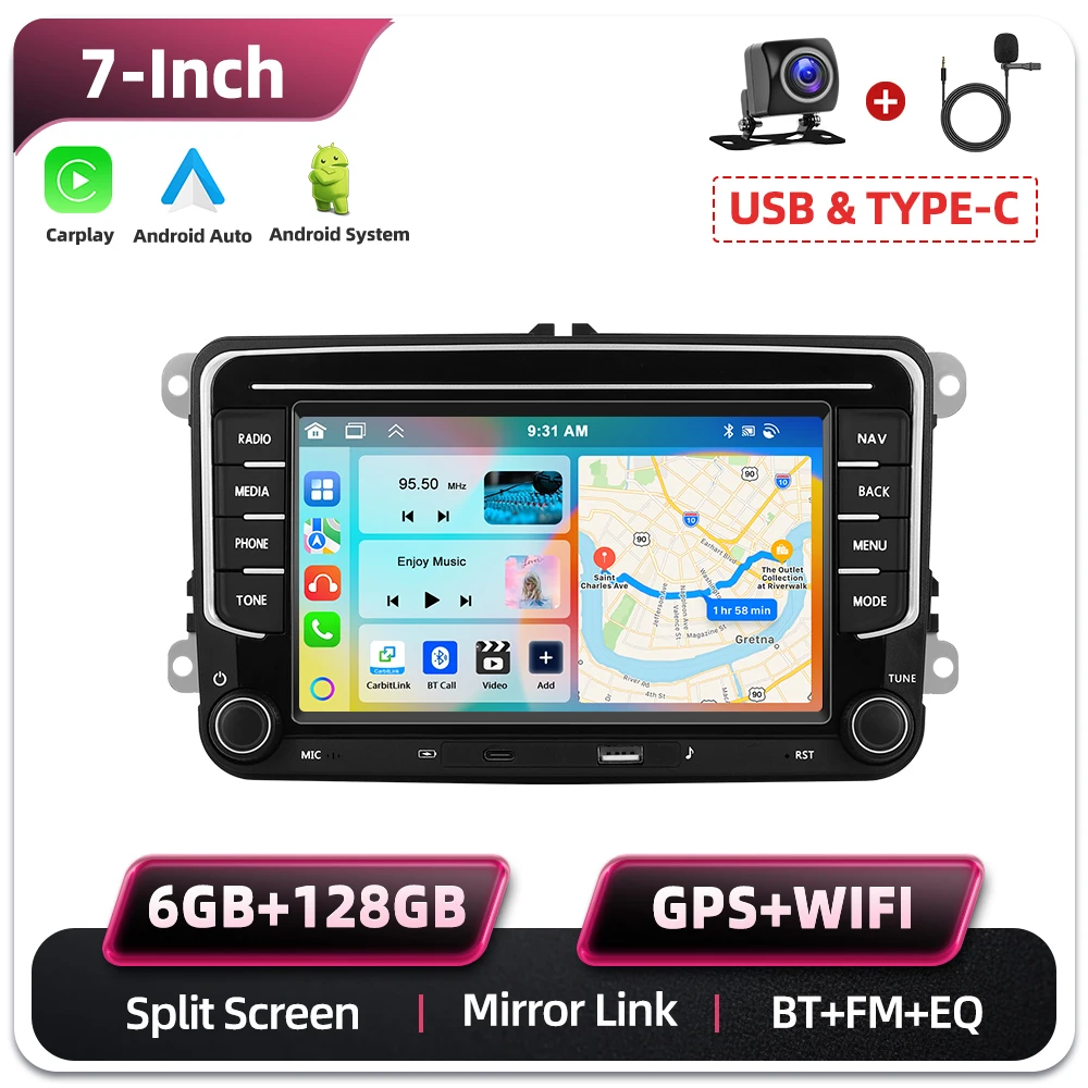 Podofo 7 Zoll 2 Din Autoradio Multimedia-Player 6+128G für Seat Altea/Toledo/Leon VW Golf/Passta/Jatta/Bora/Scirocco Skoda Fabia/Yeti/Roomster/Praktic Auto-Audiosystem Kabelloses Carplay Android Auto