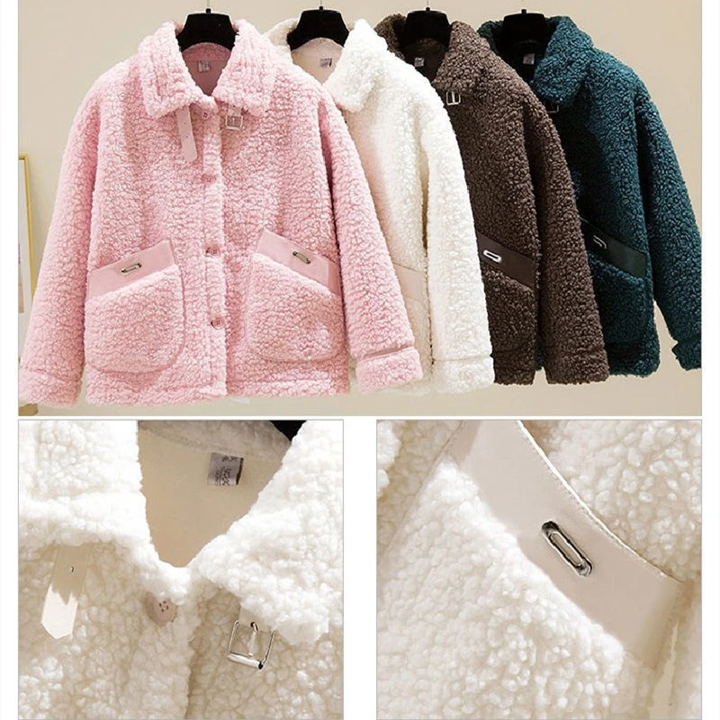 Thick Lamb Wool Coat Women Jacket 2022 Winter New Single Breasted Loose Grain Velvet Pocket Fur All-in-one Short Cardigan Female