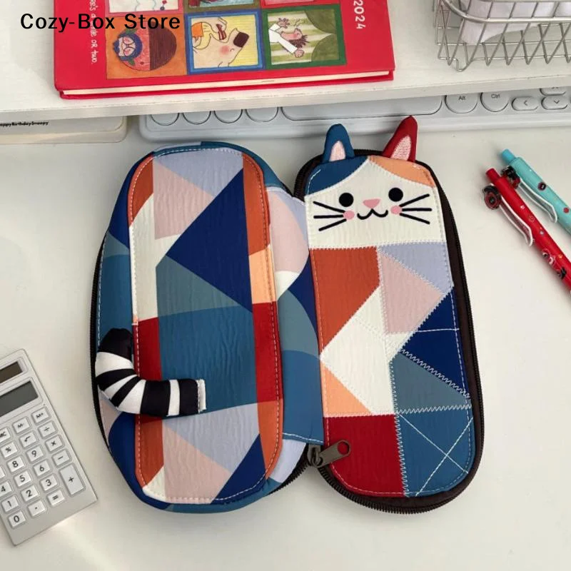 [ZY]1Pcs Color Block Cartoon Cat Design Storage Bag Japanese Style Patchwork Pencil Case Cute School Supplies For Girls[ZY]