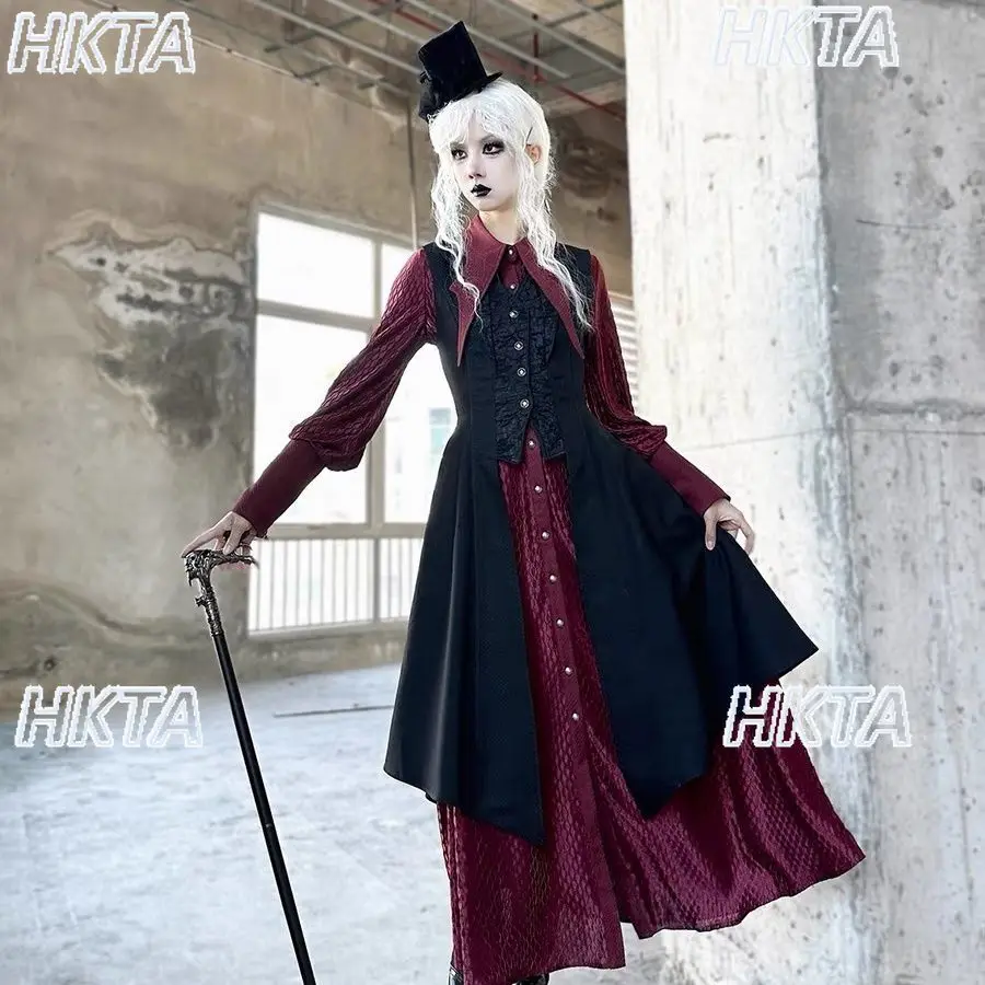 Subculture Retro Goth Lolita Long Prince Black Shirt Dress Dark Cool Temperament Button Stitching Lapel Blouse Vestcoat Women