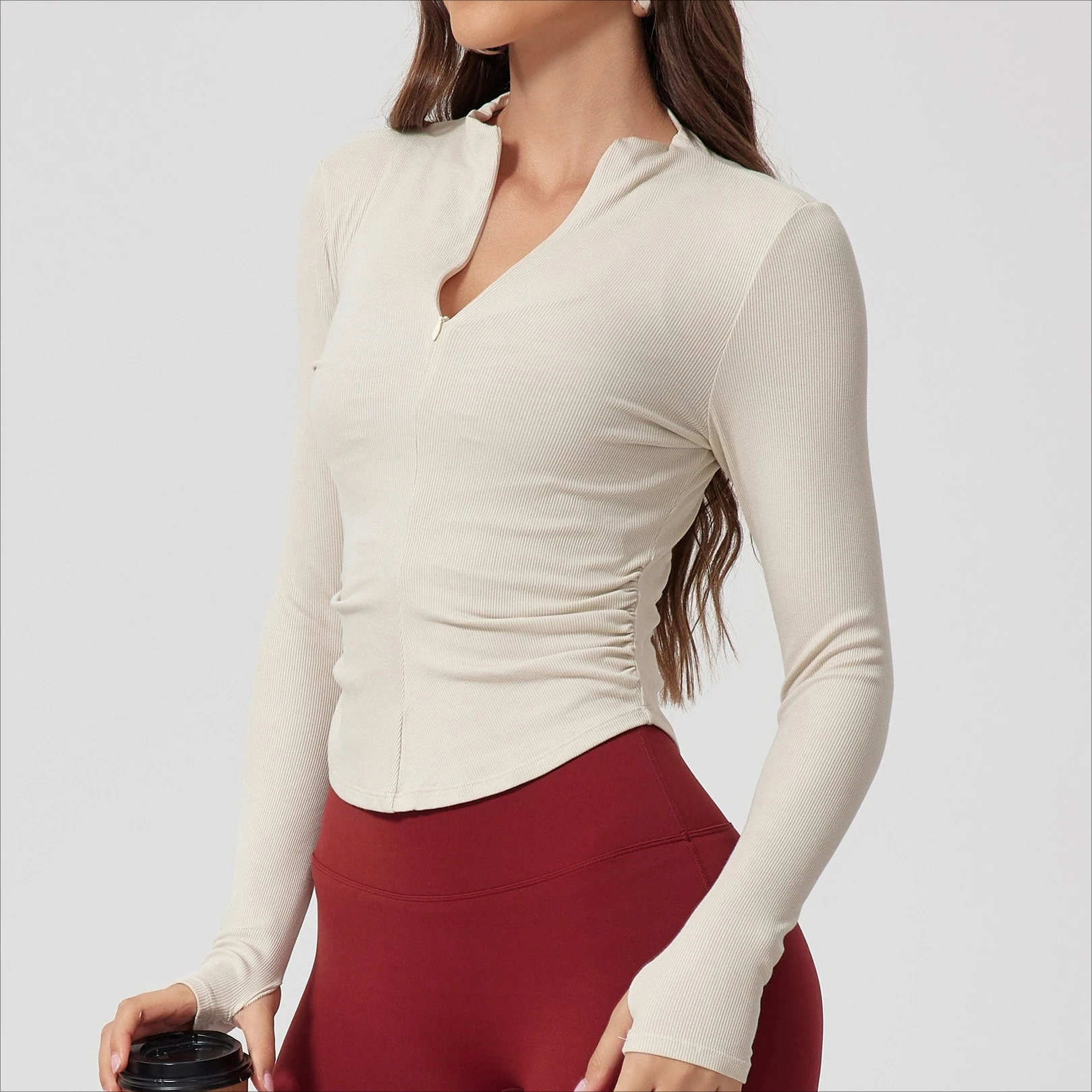 

Women's yoga clothes long-sleeved threaded T-shirt outdoor sports top elastic slim half zipper training shirt autumn and winter