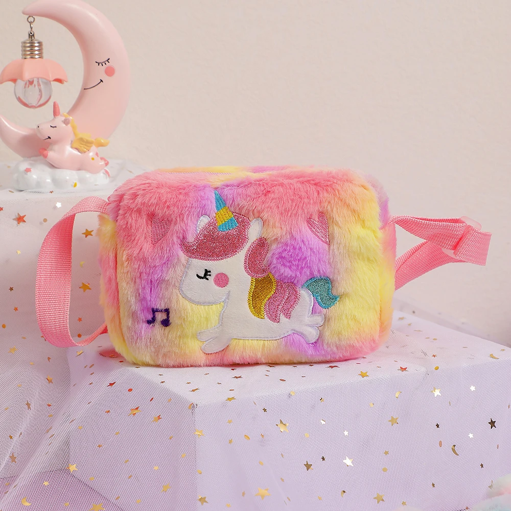 Cute Square Plush Crossbody Bag Girls Cartoon Rainbow Unicorn Shoulder Bag Zero Wallet Kindergarten Children Gifts