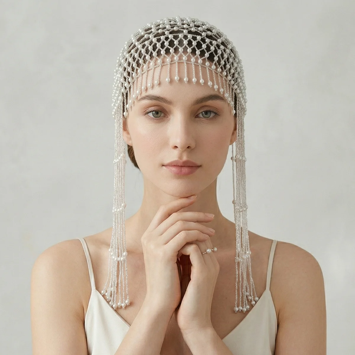Luxury Pearls Beaded Headwrap for Women Full Tassel Headpiece 1920s Gatsby Flapper Cap Bridal Headband Wedding Hair Accessories