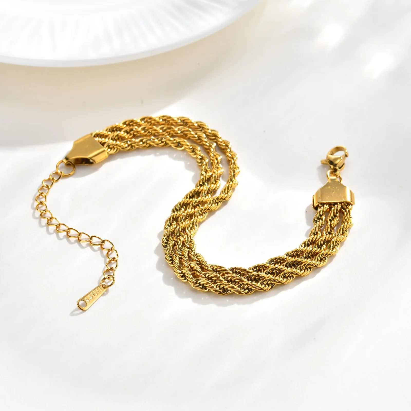 Unisex Mens Stainless steel three-layer twisted Rope chain Bracelet luxury Gold Tir-color 6.3inch +2inch n2784