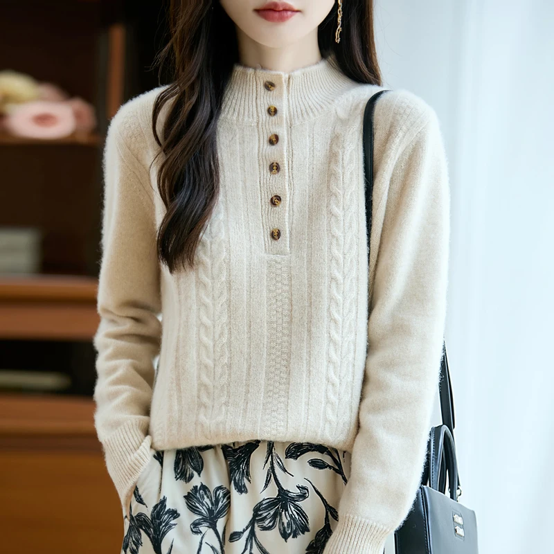 2025 New 100% Merino Wool Mock Neck Cable Sweater Women's Clothes Thick Jacquard Long-sleeved Sweater Warm Knitted Top Autumn
