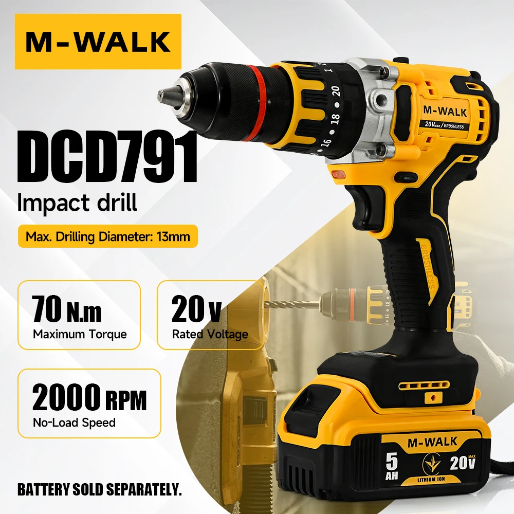 

M-WALK Беспроводная бесщеточная электрическая дрель DCD791, 13-миллиметровая электрическая отвертка, Перезаряжаемые ударные инструменты для крепления к аккумулятору Dewalt 20V