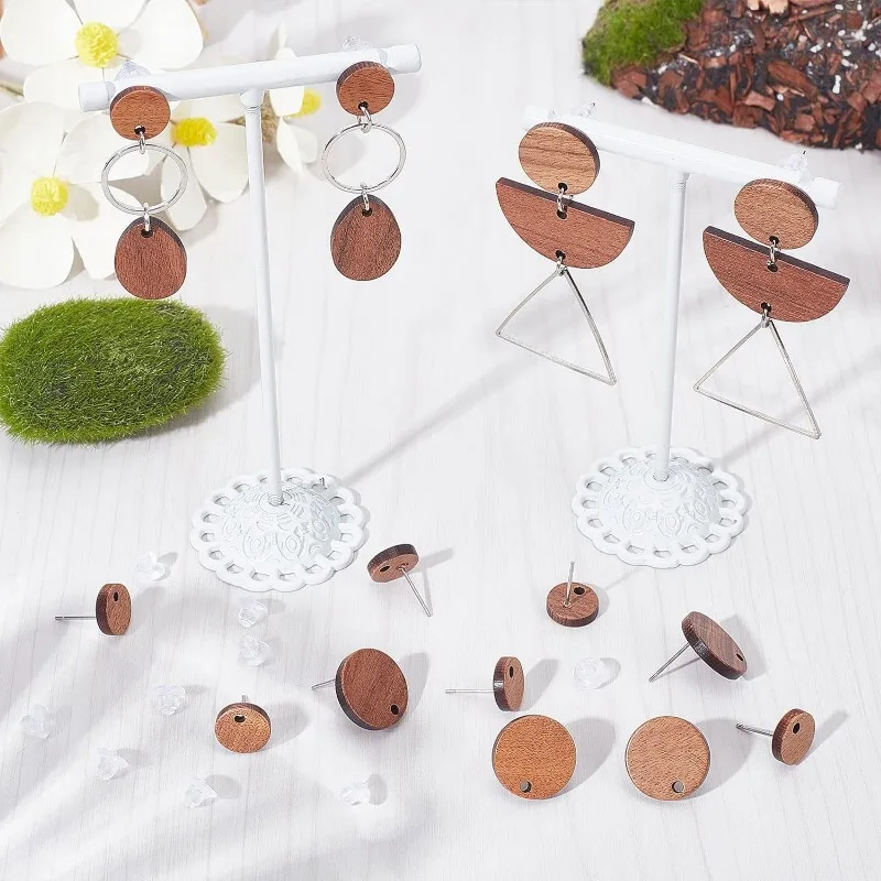 1 صندوق 40 قطعة الخشب مربط القرط المشاركات القرط آخر مع ثقب القرط الخشبي الفراغات 304 دبوس من الفولاذ المقاوم للصدأ شقة مستديرة #4