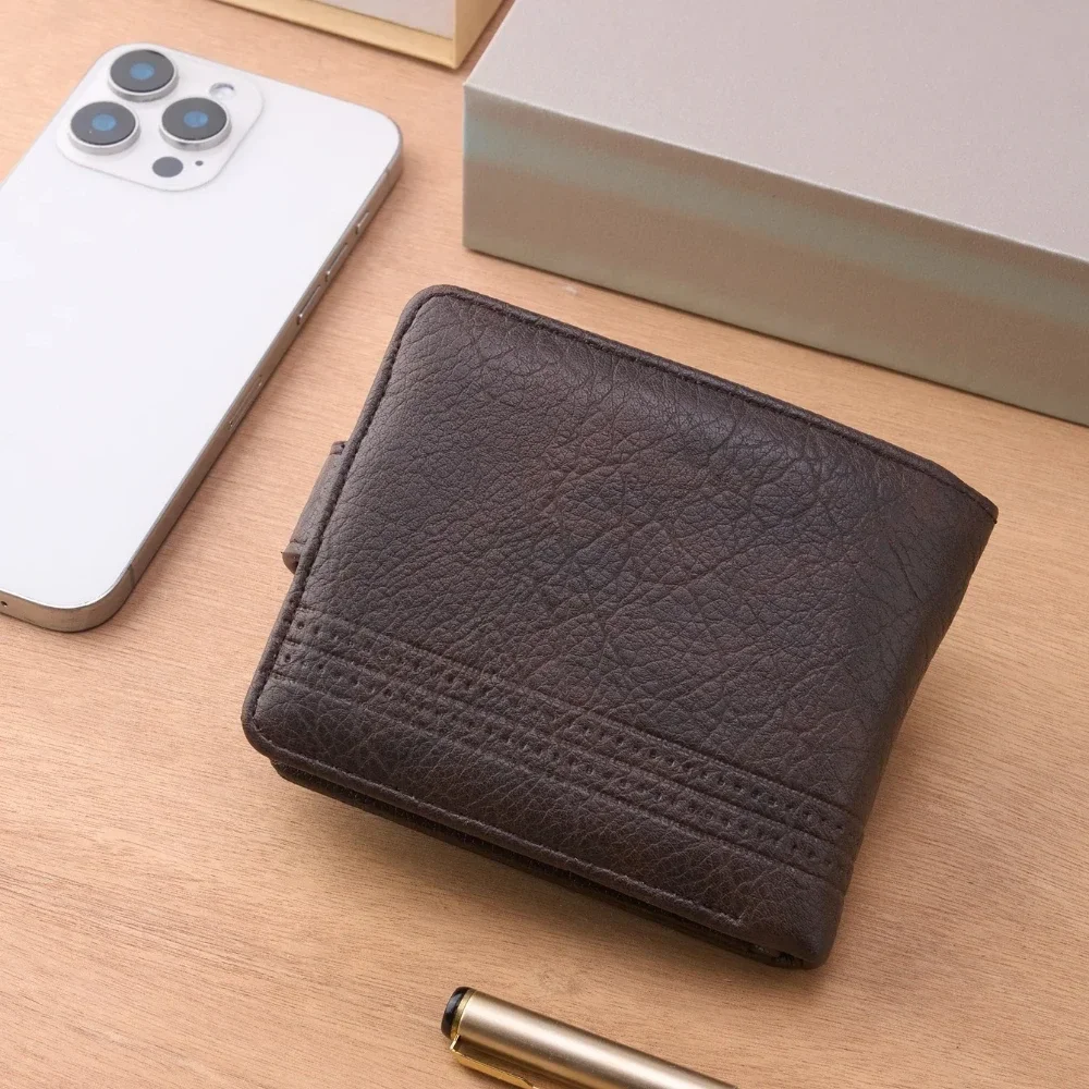 Men Zipper Wallet Purse with Coin Pocket, Men's Slim Leather Wallet, Male Business Casual Short Multi-Card Holder for Daily Use