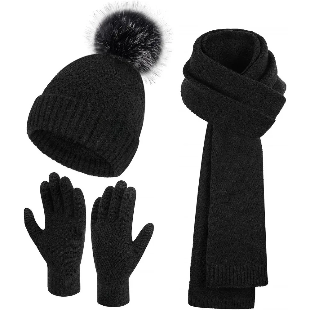 المرأة شتاء دافئ قبعة صغيرة متماسكة قبعة وشاح طويل لمس قفازات مجموعة مع الصوف اصطف بوم الجمجمة قبعة هدايا للنساء