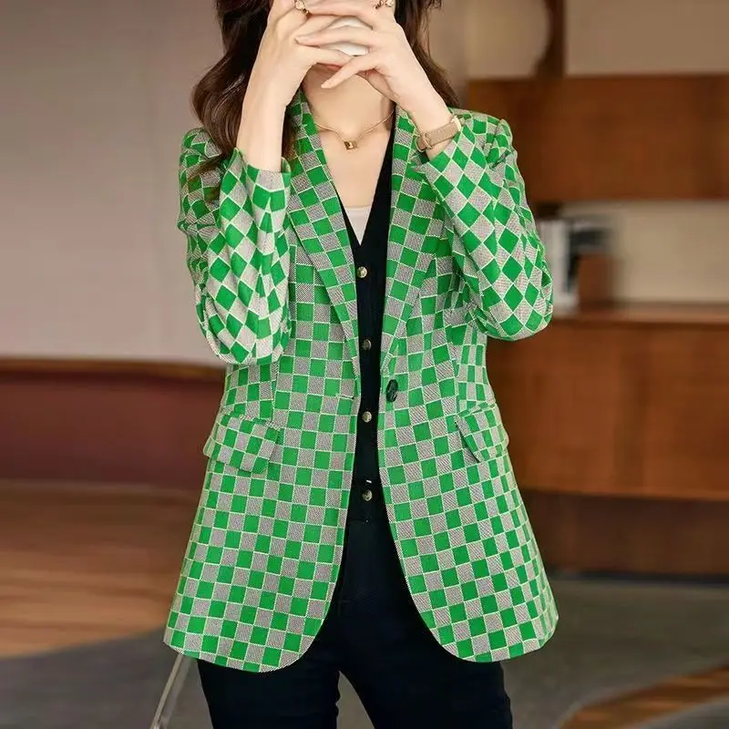 Büro Dame Mantel Casual Blazer Gitter Lose Popularität Großzügig Formale Kerb Taschen frauen Kleidung Taste Herbst Winter