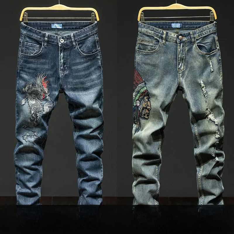 

Elegant Straight Leg Men's Jeans Embroidered Craft Elastic Cotton Polyester Blend Long Trousers Trendy Retro Washed out Style