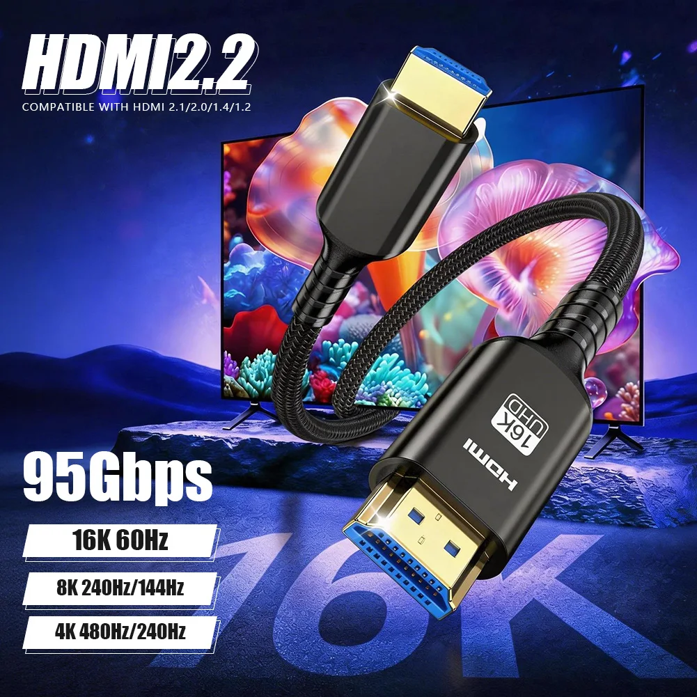 16K HDMI 2.2-Kabel, 96 Gbit/s, hohe Geschwindigkeit, 8K bei 240 Hz, 4K bei 480 Hz, unterstützt HDMI 2.1 EARC, dynamisches HDR für PS5/PS6, Laptop-Gaming-Grafikkarte