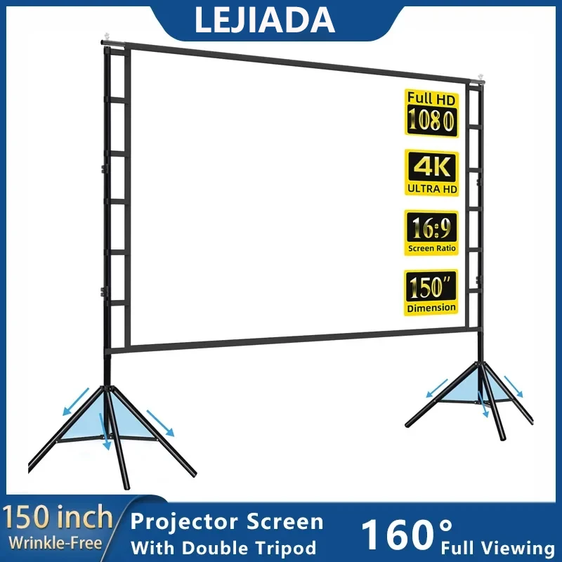 LEJIADA Projector Screen With Stand White Wrinkle-Free 60-150 inch 160° Viewing Angle Double Sided Screen Home Theater Outdoor