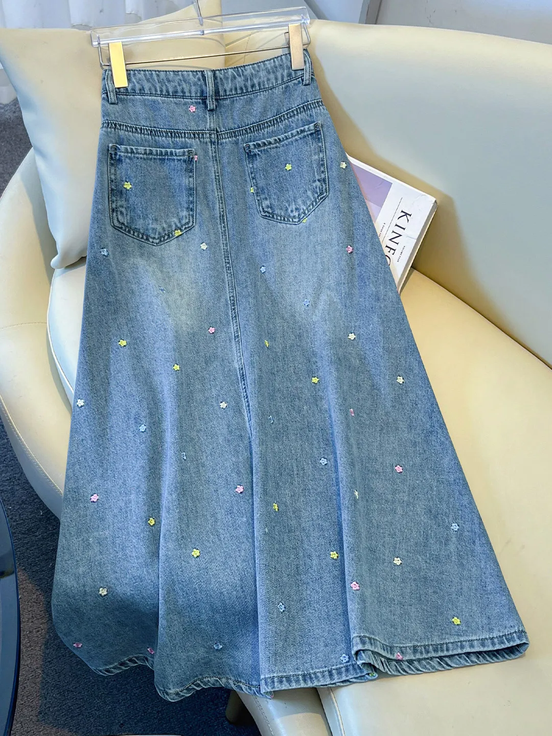 Blue Embroidered Denim A-Line  Skirt Women's Petite Pear Shape Body Beautiful Spring Summer New Style High Waist Button D...